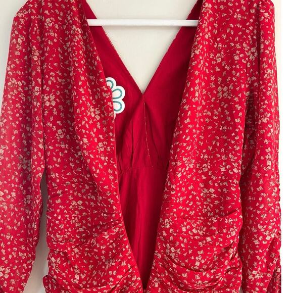 ACOA Here's Your Chance Mini Dress Red Micro Floral Small Ruched Tiered Y2K NEW - Picture 8 of 9